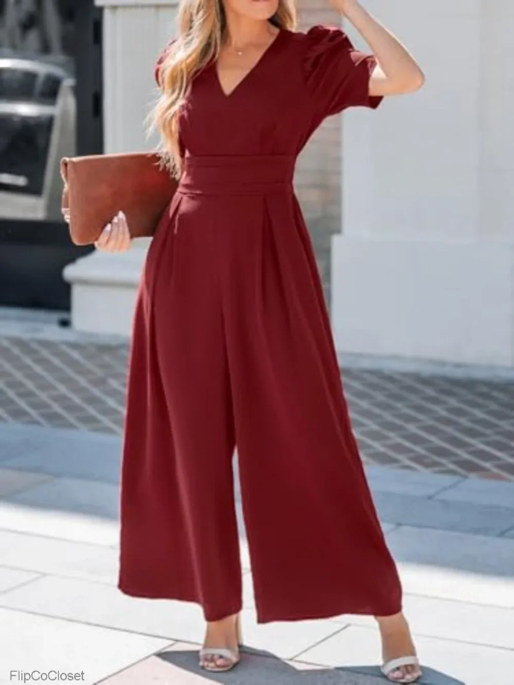 CUPSHE Women's Maxi Jumpsuit V Neck Half Sleeves Wide Leg Pockets Casual One